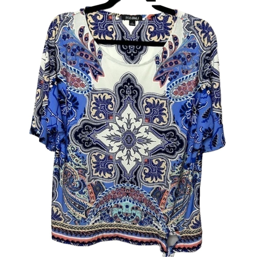 ✨3/$21✨ Roz & Ali Paisley Medallion Top Large Boho Tie Front Short Sleeve Blouse